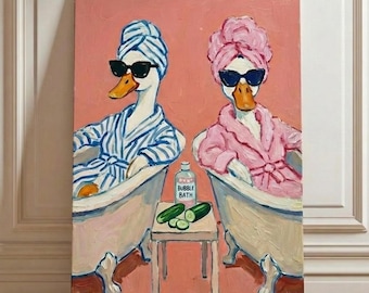 Duck Art Print | Striped Robe Spa Day Ducks Poster | Quirky Bathroom Wall Decor