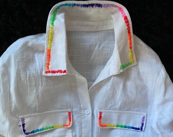 Hand embroidered rainbow button down