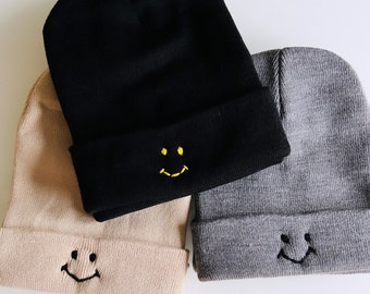 Embroidered smiley face beanie