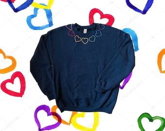 Hand embroidered rainbow hearts crewneck sweatshirt