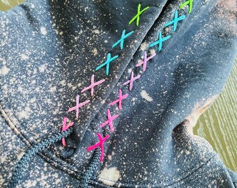 Navy bleached out hoodie with rainbow embroidered xxxxx stitching