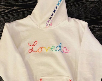 Hand embroidered double custom LOVED rainbow hoodie