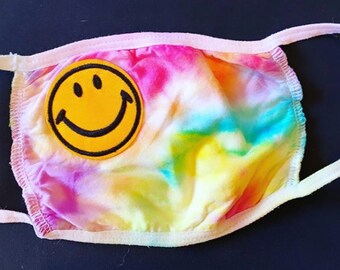 100% cotton  2 ply tie dye mask with smiley face patch!!!