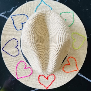 Hand embroidered rainbow heart straw hat