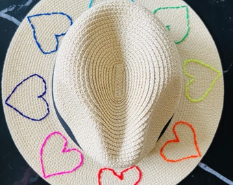 Hand embroidered rainbow heart straw hat