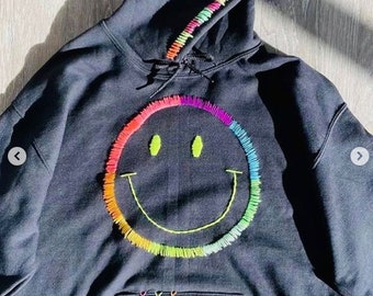 Hand stitched happy neon vibes hoodie
