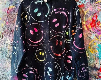 Black hand painted custom smileHoodie