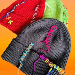 Hand embroidered cotton strings one of a kind beanie