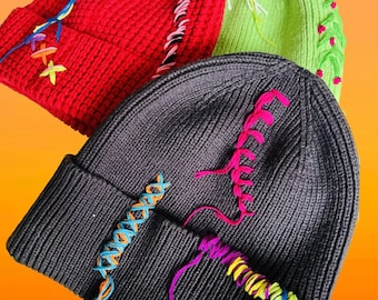 Hand embroidered cotton strings one of a kind beanie