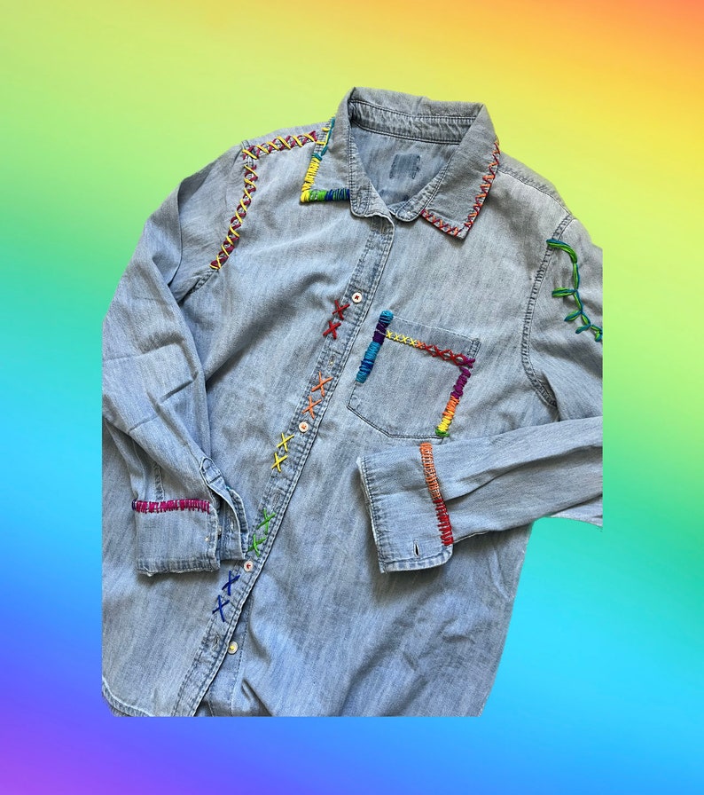 Hand Embroidered Strings Light Washed Denim Button Down - Etsy