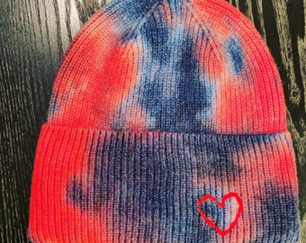 Softest most comfortable embroidered heart tie dye winter hat