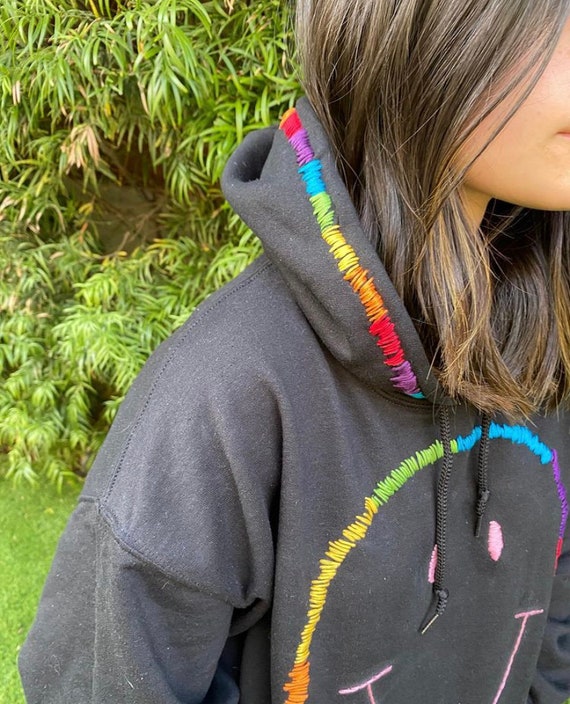 Giant Rainbow Hand Embroidered Smiley Hoodie Etsy