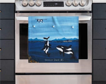 Vancouver Island Orca Whale and Eagle Shenanigans, Kitchen Tea Towel with Snaps, 100% Cotton Hanging Towel