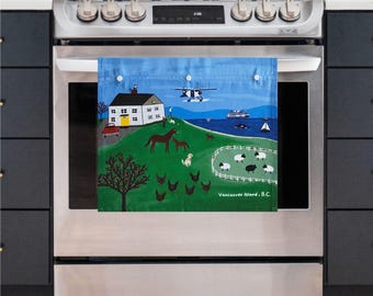 Vancouver Island Farm Kitchen tea towel with Snaps, 100% Cotton Hanging Towel