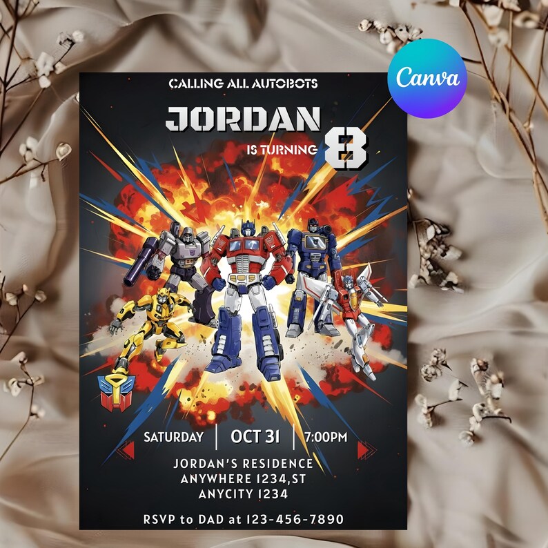 May include: Black invitation card featuring Transformers characters with the text "CALLING ALL AUTOBOTS" and "JORDAN IS TURNING 8". Includes event details: Saturday, Oct 31, 7:00 PM, Jordan's Residence, and RSVP information.