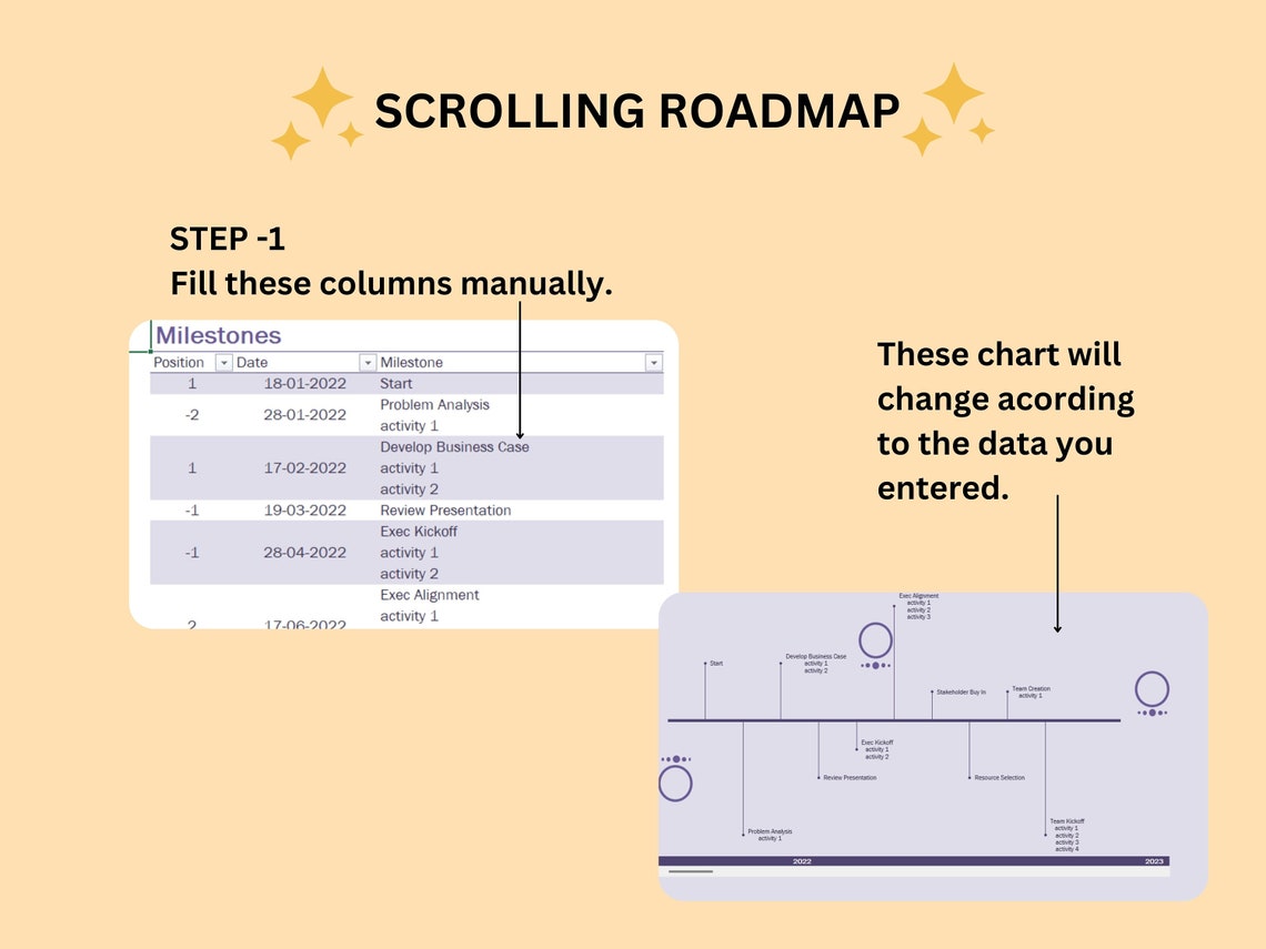 Scroll Program Template Scrolling Roadmap Excel Sheet | Project Tracker | Project Management ...