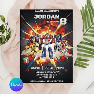 May include: A birthday invitation featuring Autobots characters with the text "CALLING ALL AUTOBOTS" and "JORDAN IS TURNING 8". The date is October 31st at 7:00 PM. Includes address and RSVP information.