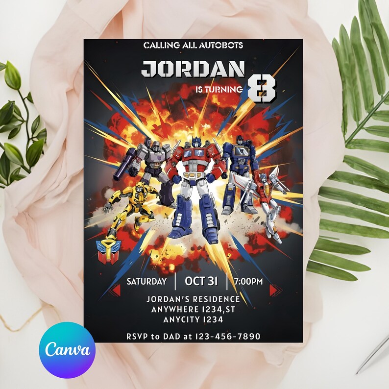 May include: A birthday invitation featuring Autobots characters with the text "CALLING ALL AUTOBOTS" and "JORDAN IS TURNING 8". The date is October 31st at 7:00 PM. Includes address and RSVP information.