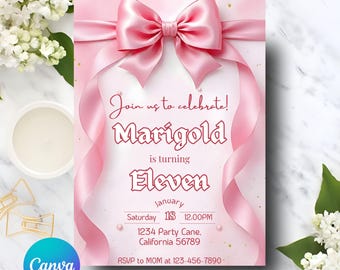 Invitación de cumpleaños con lazo rosa, invitación de cumpleaños rosa para niña, invitación de lazo rosa coqueta, invitación de cumpleaños con lazo rosa para niña, Canva de 5 x 7