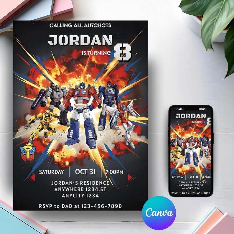 May include: A black invitation with the text "CALLING ALL AUTOBOTS" and "JORDAN IS TURNING 8". The invitation features a graphic of Transformers characters and event details. A smartphone displays the same design.