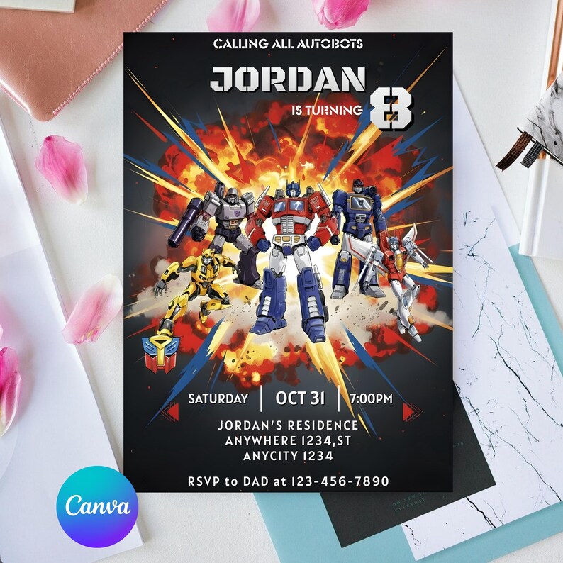 May include: A black invitation card featuring Transformers characters and the text "Calling All Autobots". The invitation is for Jordan's 8th birthday, with the date, time, and location details. The Canva logo is visible.