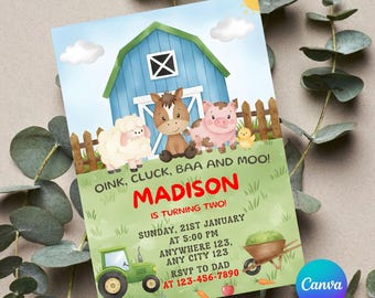Invitación "Llamada a todos los animales de fiesta", invitación de cumpleaños para niños con animales de fiesta, lindos animales con sombreros de cumpleaños, editable en Canva