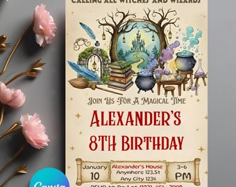 Wizards Witches Birthday Invitation, Magical School Wizardry Birthday Party Invitation, Editable Invite Printable Canva Template