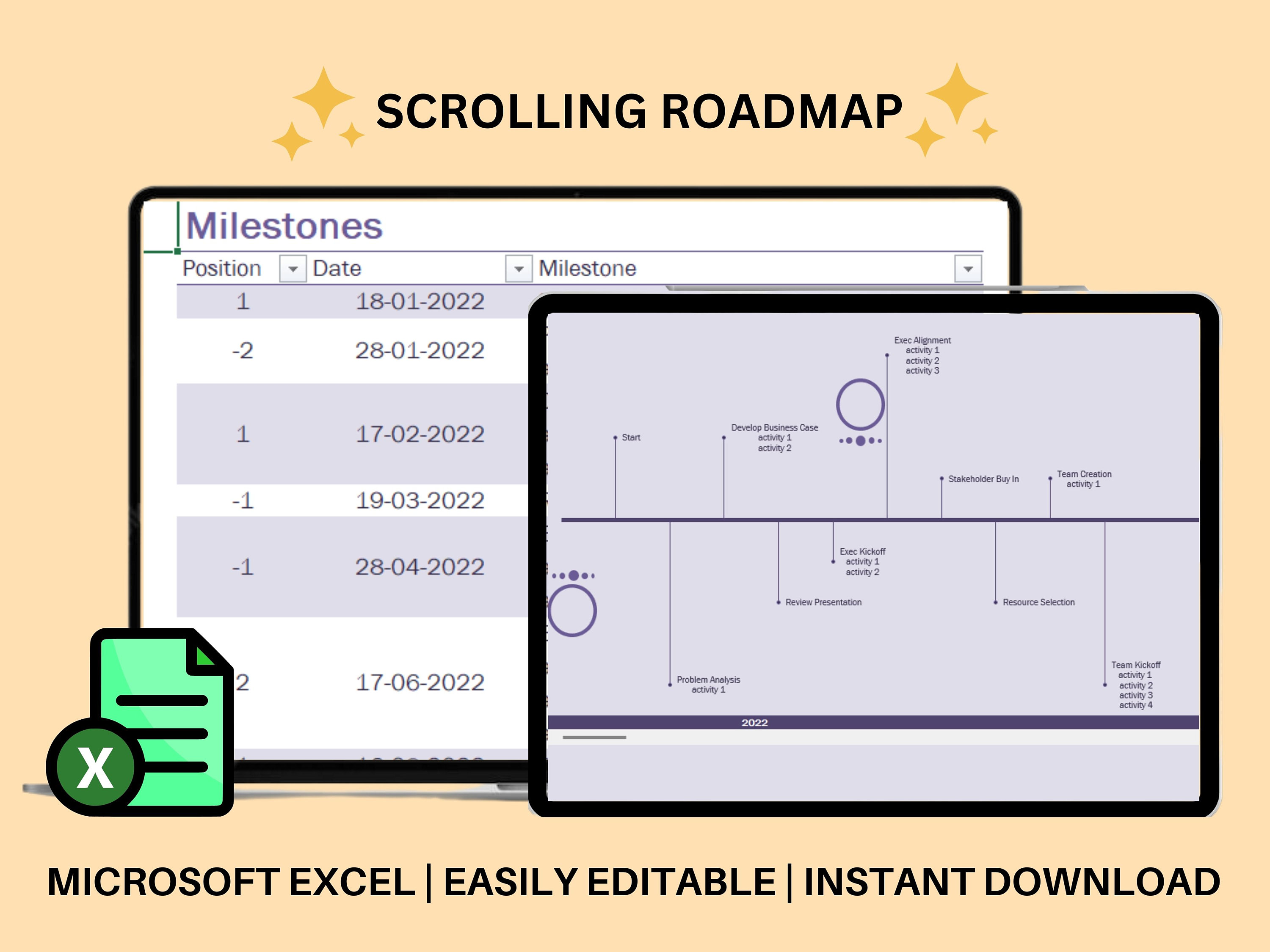 Scroll Program Template Scrolling Roadmap Excel Sheet | Project Tracker | Project Management ...