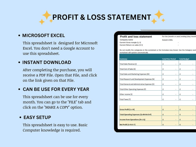Profit and Loss Statement Template, Microsoft Excel Spreadsheet