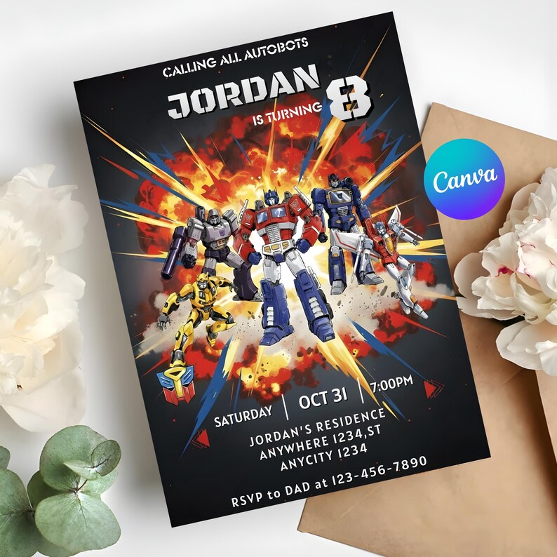 May include: A black invitation card featuring Autobots characters with the text "CALLING ALL AUTOBOTS JORDAN IS TURNING 8". The card includes event details: Saturday, Oct 31, 7:00 PM, and an RSVP number. A Canva logo is visible.