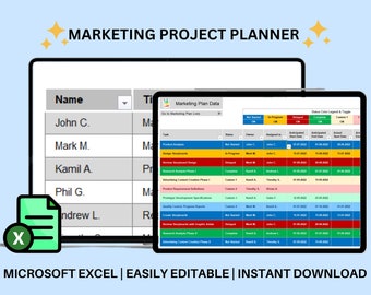 May include: A screenshot of a Microsoft Excel spreadsheet with a marketing project planner template. The spreadsheet has columns for name, title, task, status, owner, assigned to, anticipated start date, anticipated end date, actual start date, and actual end date. The spreadsheet is colour-coded to indicate the status of each task.