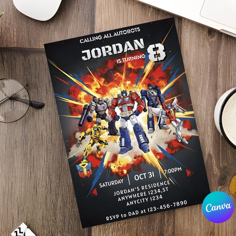 May include: Black invitation with the text "CALLING ALL AUTOBOTS" and "JORDAN IS TURNING 8". The invitation features illustrations of Transformers characters and an explosion background. Includes event details: Saturday, Oct 31, 7:00PM, and an RSVP.