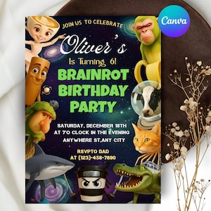 Può includere: Un colorato invito per una festa di compleanno con personaggi dei cartoni animati e il testo "Oliver's Is Turning 6! BRAINROT BIRTHDAY PARTY". L'invito include la data, l'ora e le informazioni RSVP.