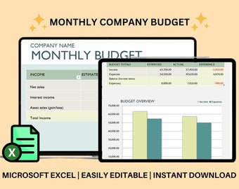 Monthly Budget Excel Spreadsheet, Company Finance Tracker (Digital Download)