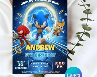 Sonic 3 Birthday Invitation, Super Hedgehog Boys Party Invite, Super Sonic Party Invitation, Editable Sonic Invite Template, Canva Template