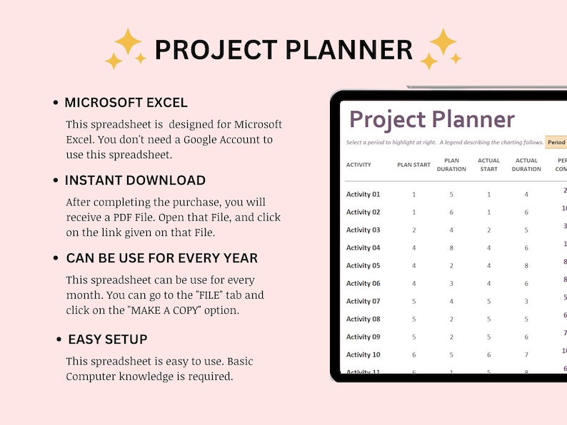 Gantt Chart Excel Sheet Template Project Planner Productivity Planner ...