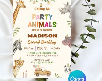 Invitación "Llamada a todos los animales de fiesta", invitación de cumpleaños para niños con animales de fiesta, lindos animales con sombreros de cumpleaños, editable en Canva