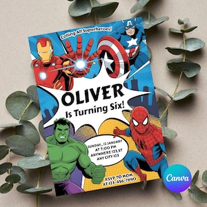 Könnte beinhalten: Eine Einladung im Comic-Stil mit Iron Man, Captain America, Spider-Man und Hulk. Die Einladung lautet "OLIVER wird sechs!" und enthält Veranstaltungsdetails. Der Hintergrund zeigt eine Stadtlandschaft und Sprechblasen.