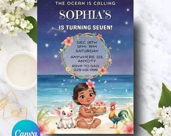 Editable Moana Invitation, Moana Invite, Kids Theme Party Digital Birthday Invite, Hawaiian Kids Party Template, Instant Download Invitation