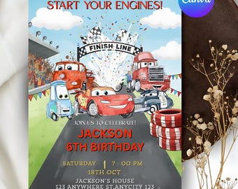 Cars Birthday Invitation, Lightning McQueen, Editable Canva Template