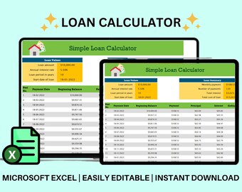 May include: A simple loan calculator spreadsheet in Microsoft Excel. The spreadsheet has two tabs, one for loan values and one for loan summary. The loan values tab includes fields for loan amount, annual interest rate, loan period in years, and start date of loan. The loan summary tab includes fields for monthly payment, number of payments, total interest, and total cost of loan. The spreadsheet is easily editable and can be downloaded instantly.