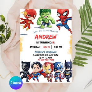 Könnte beinhalten: Eine farbenfrohe Einladung mit Comic-Superhelden wie The Flash, Hulk und Spider-Man. Die Einladung lautet "ANDREW WIRD 5!" mit Veranstaltungsdetails. Das Canva-Logo ist unten links sichtbar.
