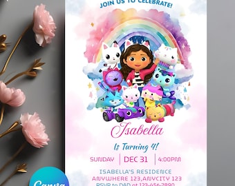 Editable Gabbys Dollhouse Birthday Invitation, Gabby Kids Party invites, Gabby's Printable Template, Digital Download Gabby Dollhouse Invite