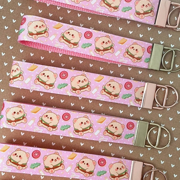 Hamburger Bear Key Fob / Cute Wristlet / Wrist Keychain / Pink Kawaii Key Fob / Spring Summer Accessory / Silly Fun Animal Lover Gift