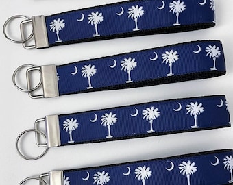 South Carolina Flag Key Fob / Palmetto State Wristlet / Wrist Keychain / Crescent Moon / Navy Blue & White / SC Native / Columbia Charleston