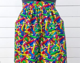 Colorful Art Skirt with Pockets - Teacher, Librarian, Art, Artist Clothes - Colored Pencils - Decora Colorful Fashion - Back to School