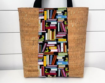 Bookworm Cork Tote Bag - Handmade Large Purse - Teacher Librarian Reader Book Accessory - Library Tote - Waterproof Canvas - Study & Strong