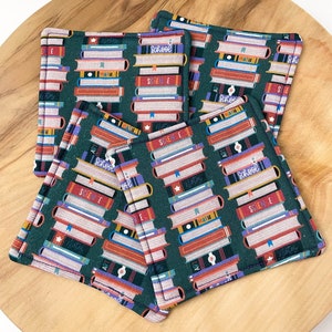 School Books Cotton Fabric Coasters - SET OF 4 Handmade Reusable Eco Friendly - Reader Book Teacher Librarian - Home Decor Cozy Cute Soft
