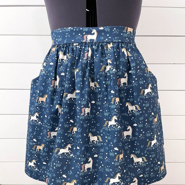 Unicorn Field Skirt with Pockets - Custom Sizes & Lengths Handmade Clothes - Gathered Elastic Waist - Horse Girl - Bunnies Flowers Floral