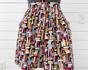 Bookworm Skirt with Pockets - Back to School - Handmade Gathered Elastic Waist in Back - Teacher, Librarian, Book Lover, Reader Clothes Gift